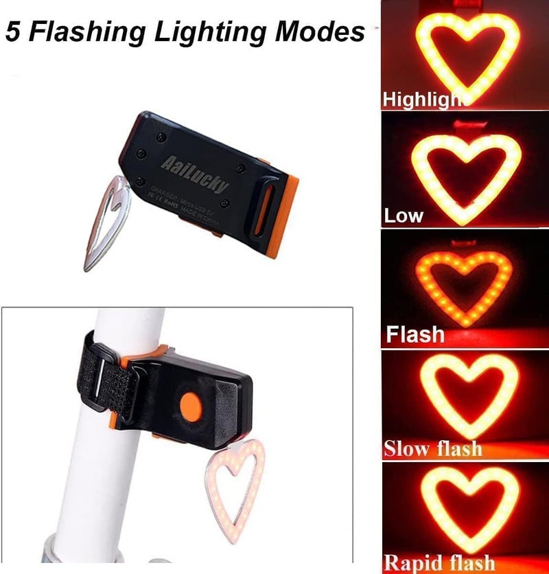 AaiLucky Rechargeable Bike Tail Light, LED Bicycle Rear Light for Night Riding, Bright Girls Heart Shape Bike Taillight, Cycling Warning Light for Adult Kids Women, 5 Lighting Mode - Image 3